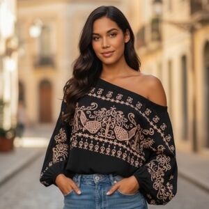 Boho Chic Black and Tan Off-Shoulder Puff Sleeve Relaxed Fit Top